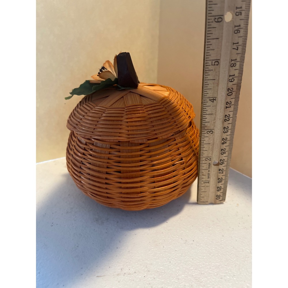 Orange Wicker Pumpkin Basket with Lid Fall Autumn Decor Floral Accent 5 Inch